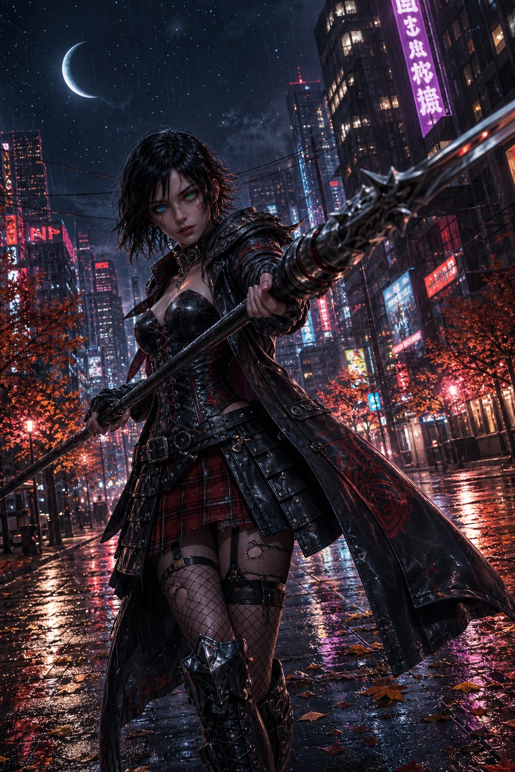 Girl, Thick Leather Collar, Night, Fingerless Gloves AI Image