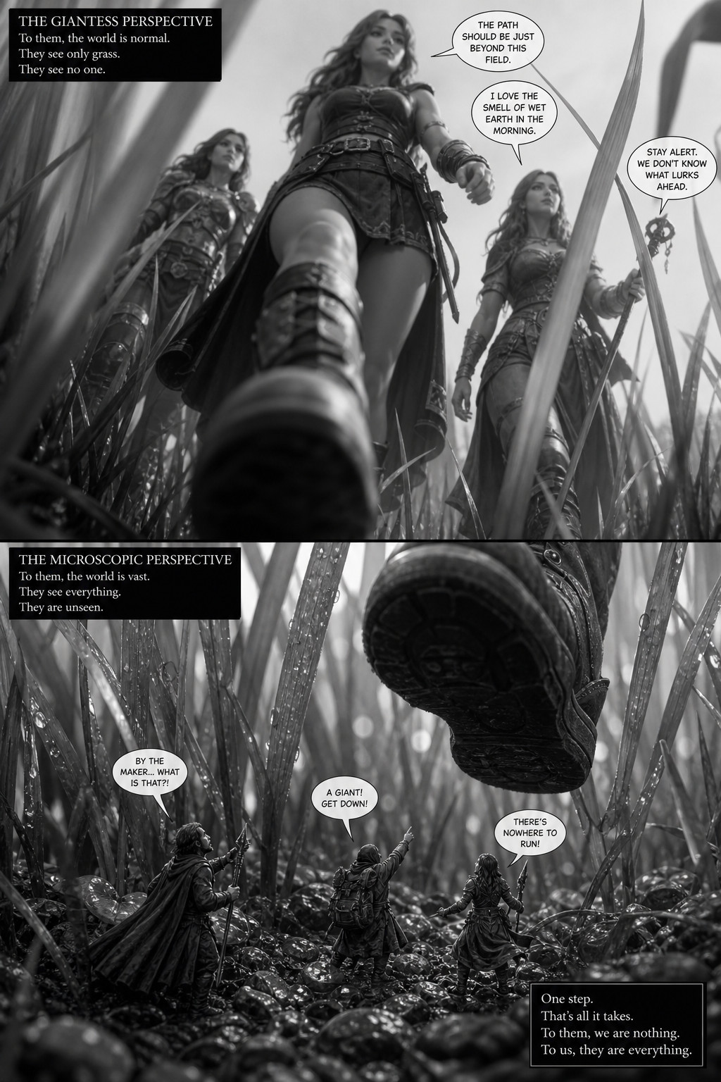Microscopic People In The Grass As A Person Party Of Giantess Rpg Adventurers Walk Above The Giantess Dont Know That Microscopic People Are In The Grass The Microscopic People Are Too Small To Be Seen By Giantess Show Them In An Extremely Detailed Macro View With Skyscraper Sized Grass Also Show The Microscopic People Up At Their Bodies Blurring The Higher It Goes Also Show A Giantess About To Step On The Microscopic People Show The Giantess And The Microscopic People Perspective Separately Add Dialogue AI Image