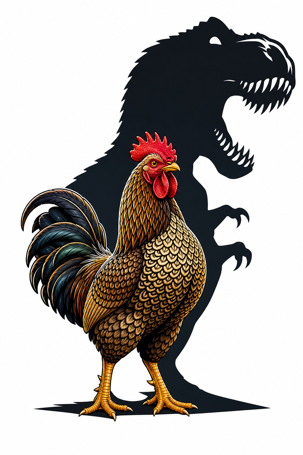 Menacing Shadow Of A Roaring Tyrannosaurus Rex Behind It Against A Clean Background High-contrast Vector Illustration, And Striking Yellow Legs The Rooster Casts A Giant, A Graphic Design Emblem For A Digital Multimedia Studio In The Center Is A Proud, Isolated On Flat Solid White Full Colour AI Image