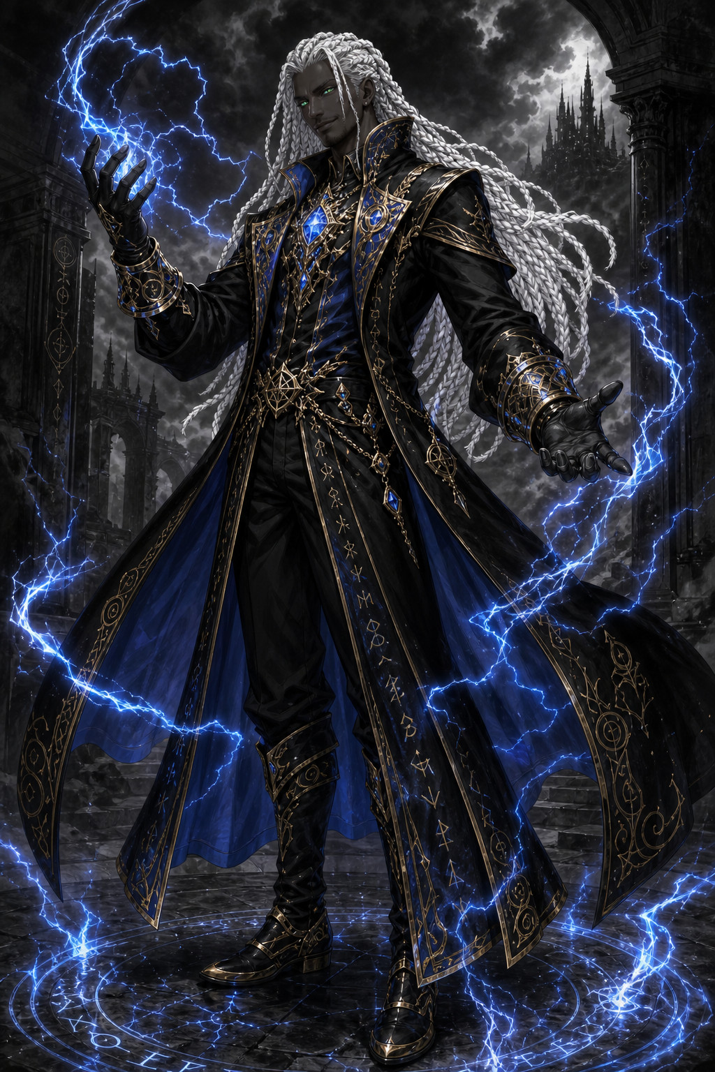 Cuffs, And Hem A Large, Which Matches The Magical Energy Crackling Around Him In The Form Of Blue Lightning He Also Wears Black Gloves, Boots With Gold Trim AI Image