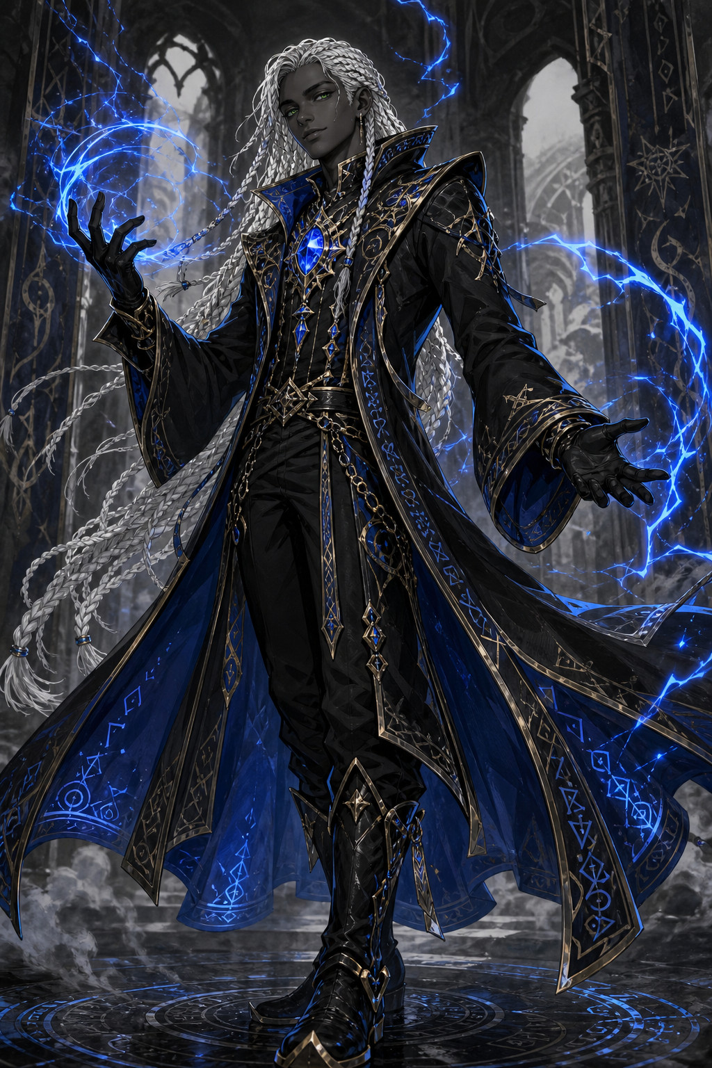 A Calm Playful Expression, Which Matches The Magical Energy Crackling Around Him In The Form Of Blue Lightning He Also Wears Black Gloves, And Hem A Large, Featuring Intricate Magical Runes And Ornate Designs Along The Collar AI Image