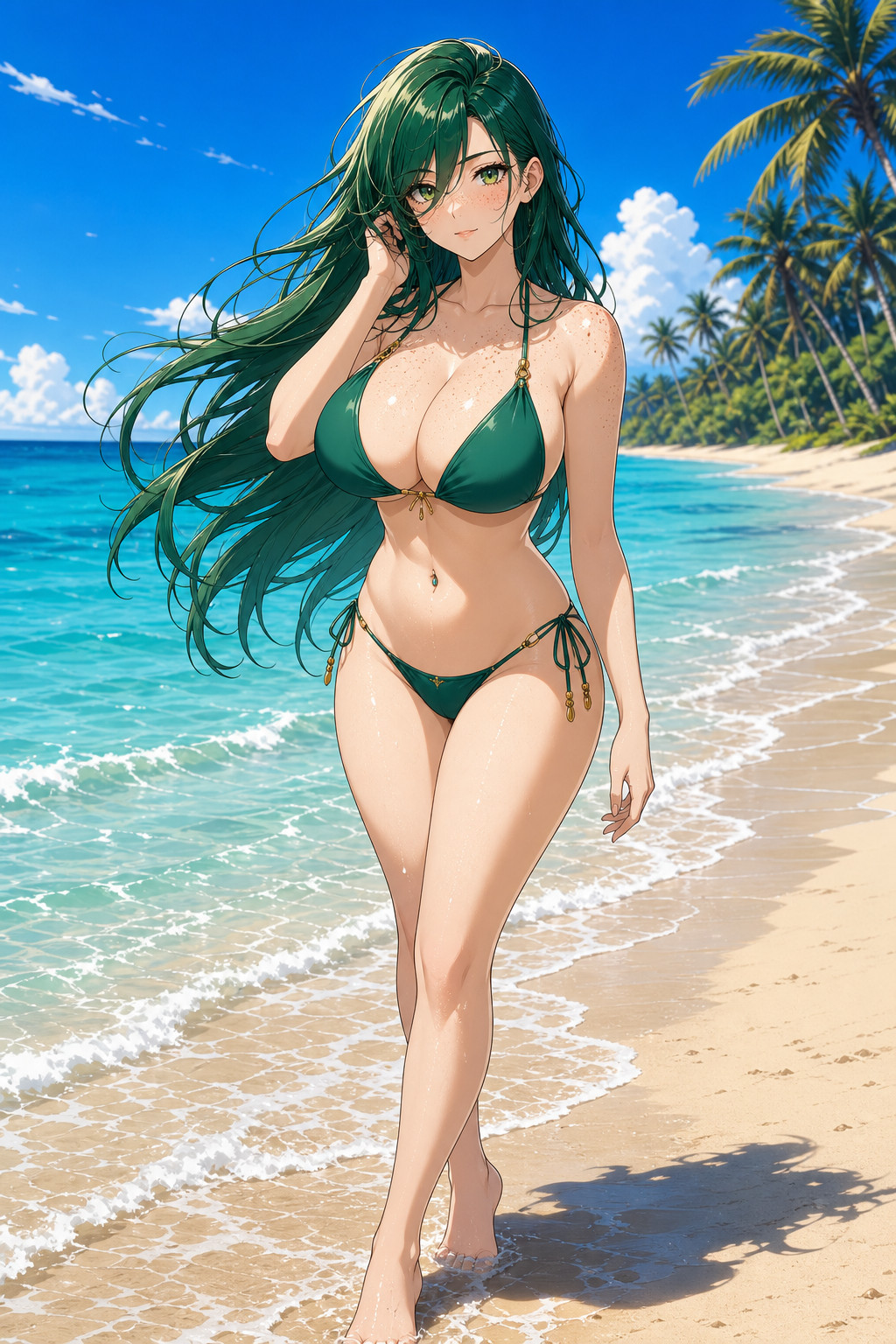 One Arm Loosely At Her Side, Vibrant Color, Small White Waves, Side-swept Bangs Pale Porcelain Skin With Light-brown Freckles On Her Nose AI Image