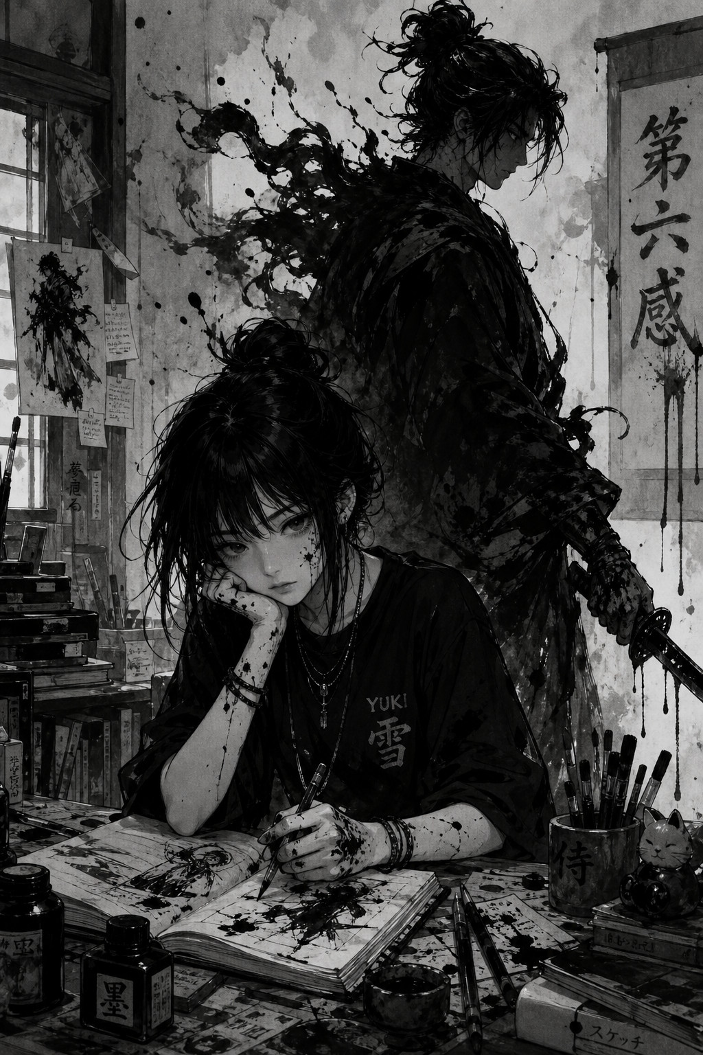 Sketchbook Open, Teenage Girl Yuki With Messy Black Hair And Ink-stained Fingers Sitting At A Cluttered Desk, A Cool Swordsman Made Of Living Black Ink Standing Behind Her With A Dripping Ink Katana AI Image